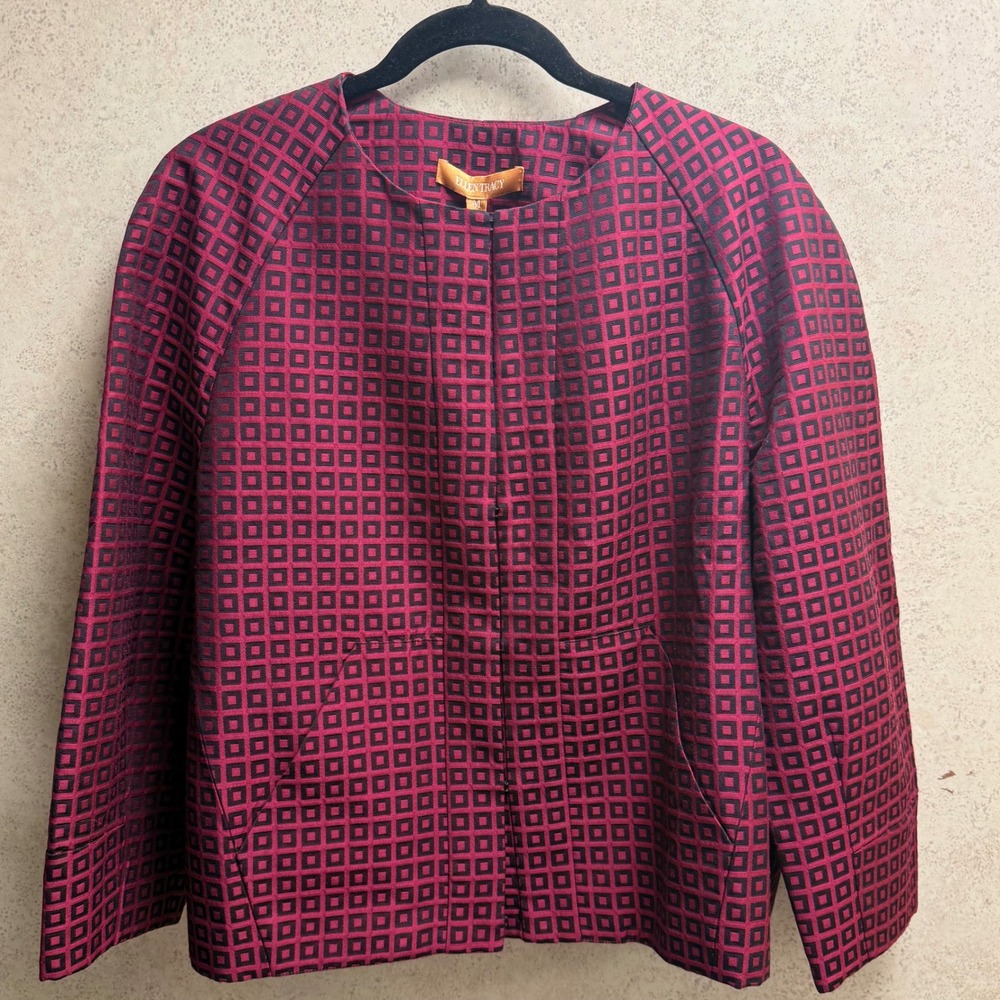 Ellen Tracy M Womens Purple Black Wool Blend Geometric Academia Luxe‎ Jacket